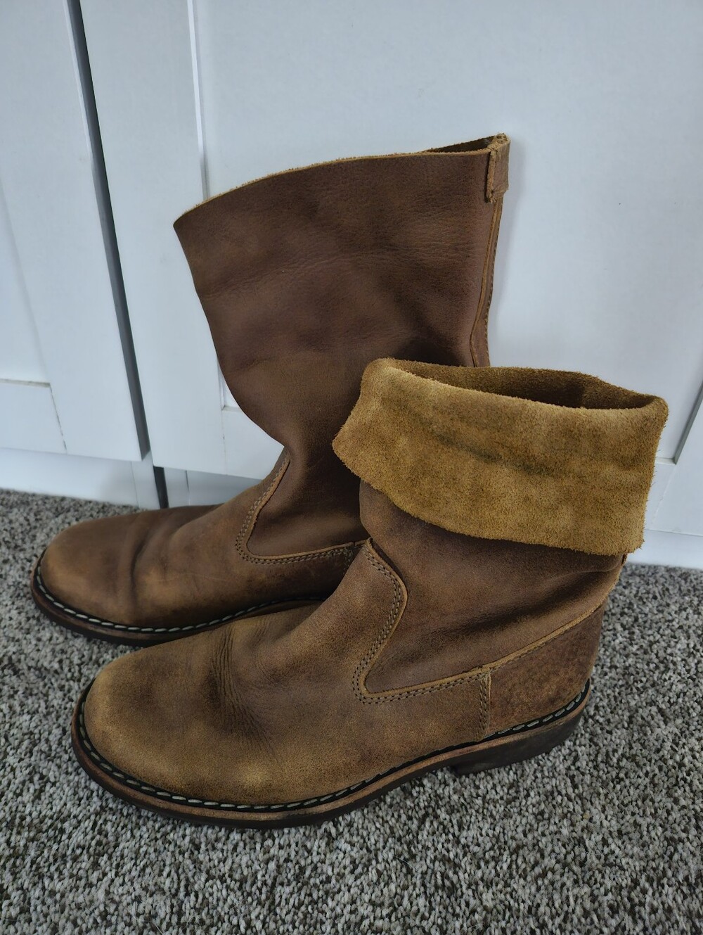 ROOTS tribal Leather Mid-Calf Boots rolled Down Washed Effect Boots Sz 7.5